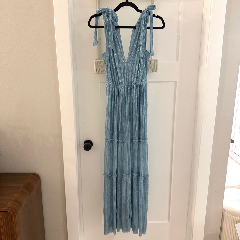 Sabina Musayev Helena Dress Light Blue‎ Metallic Maxi Gown XS Tie Shoulder